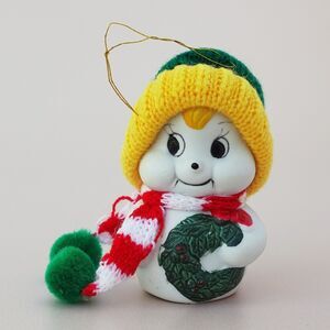 Vintage Giftco Snow Bells Bisque Porcelain Bell Snowman Christmas Ornament 1987